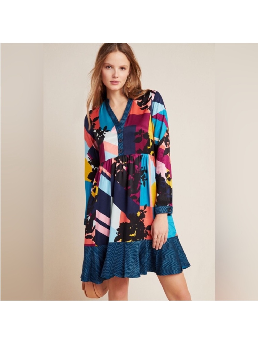 Maeve Multicolor V-Neck Long Sleeve Printed Mini Dress